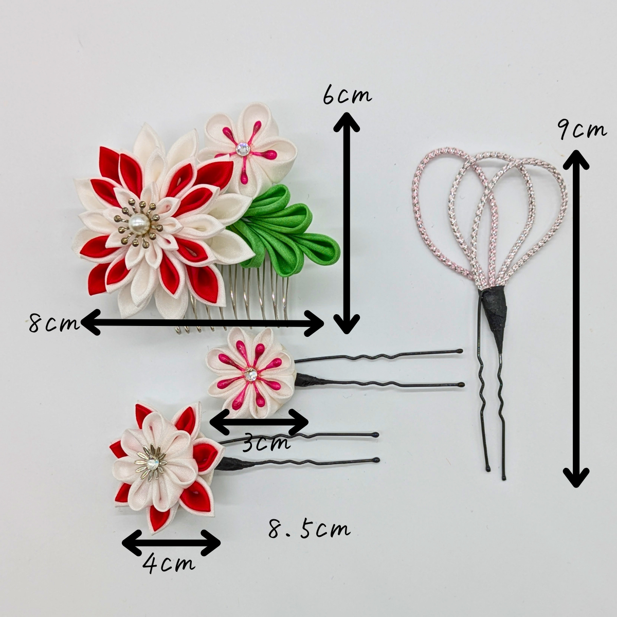 つまみ細工 髪飾り 和装 成人式 七五三 浴衣 卒業式 コーム 白 赤 黄緑 Uピン　red-19
