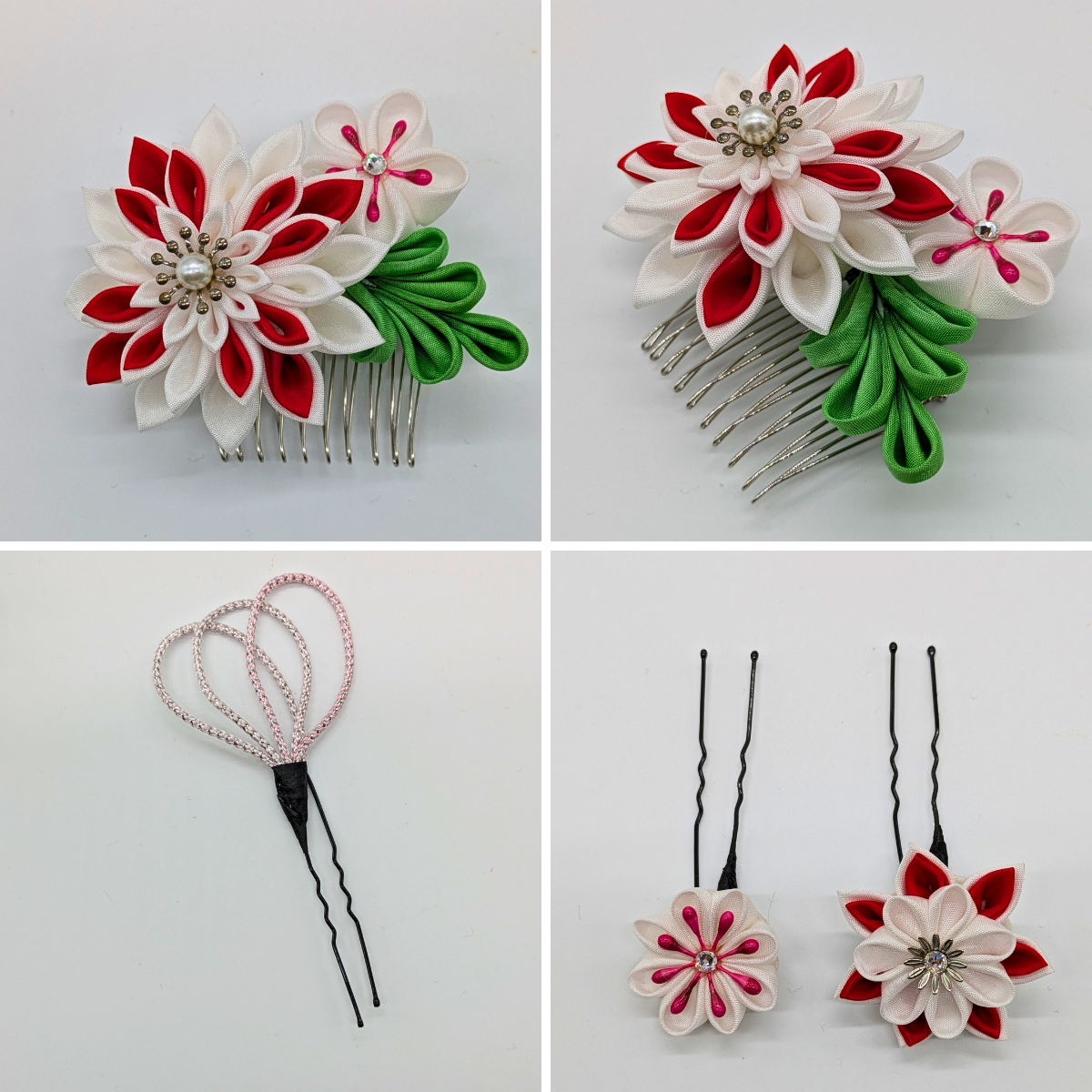 つまみ細工 髪飾り 和装 成人式 七五三 浴衣 卒業式 コーム 白 赤 黄緑 Uピン　red-19
