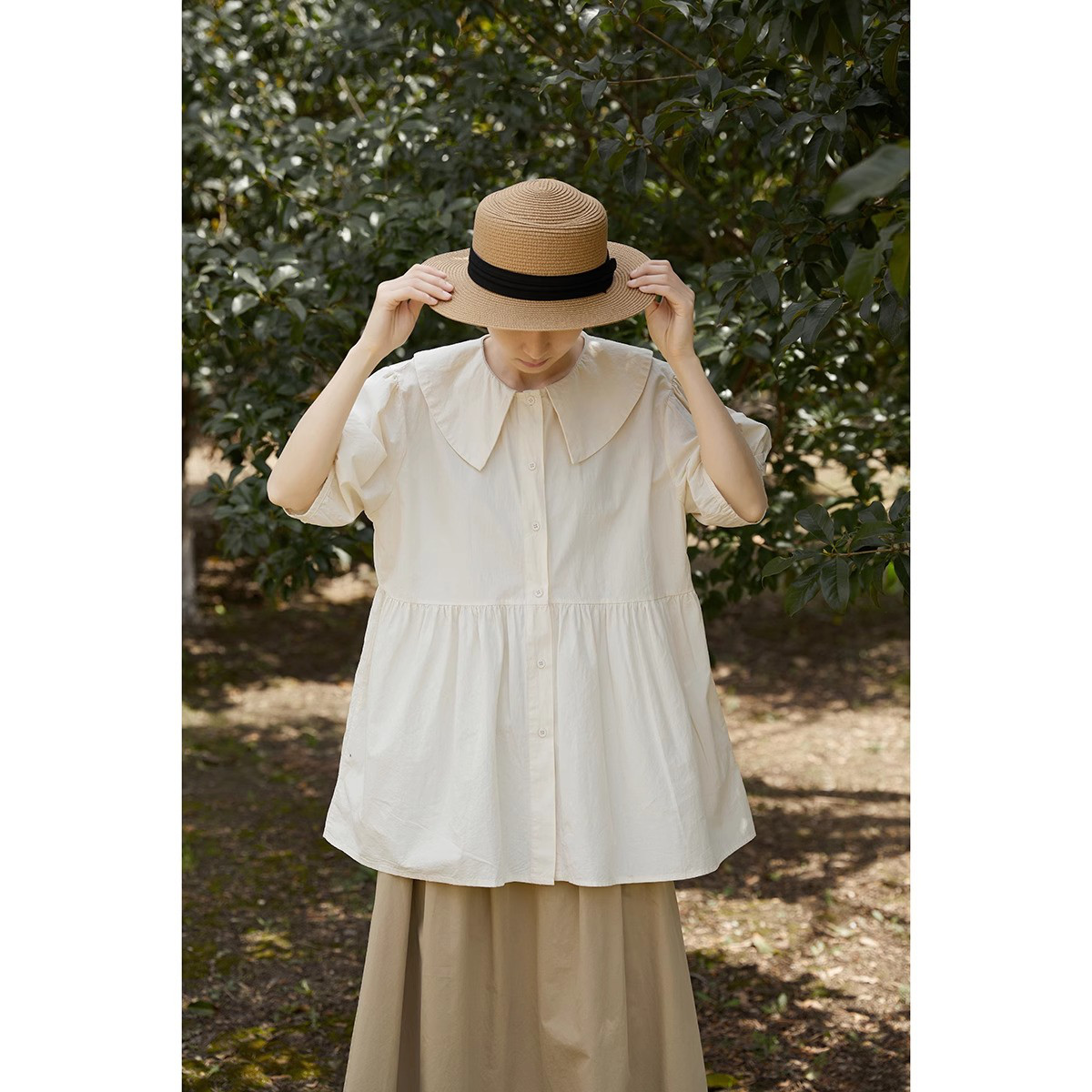 レディース綿素材シャツ 開襟 半袖 ゆったり ベーシックデザイン