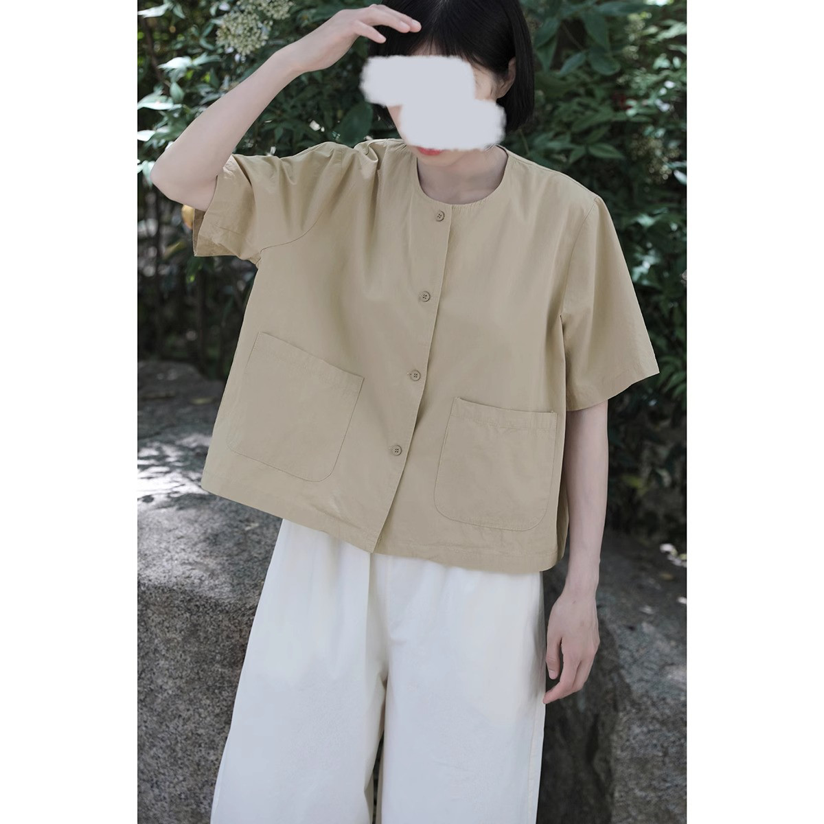 レディース綿素材シャツ クルーネック 半袖 ポケット付き ショート丈