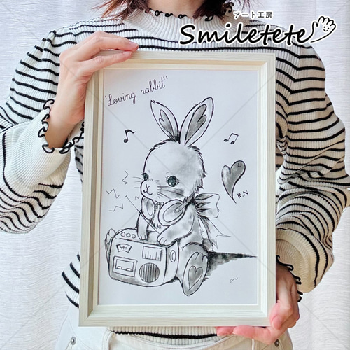 恋するウサギちゃんA4複製画 絵画 ラメ加工イラスト 手書きサイン入り