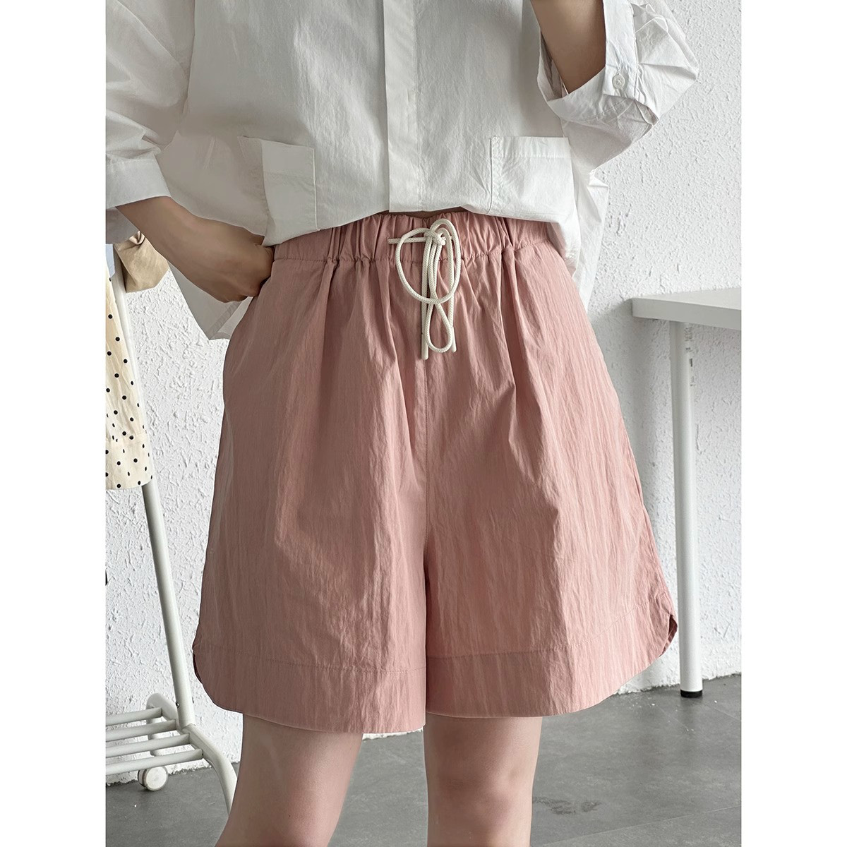 レディース綿素材ショートパンツ ウエストゴム ハイウエスト Aライン ワーク風