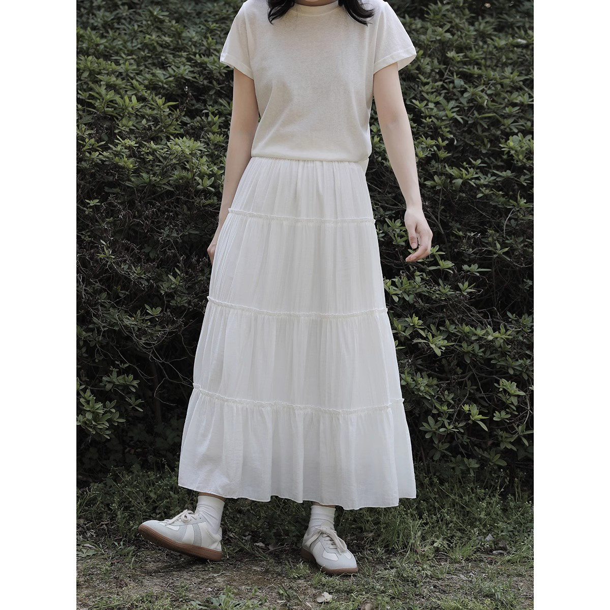レディース綿素材スカート ウエストゴム ティアードデザイン ロング丈