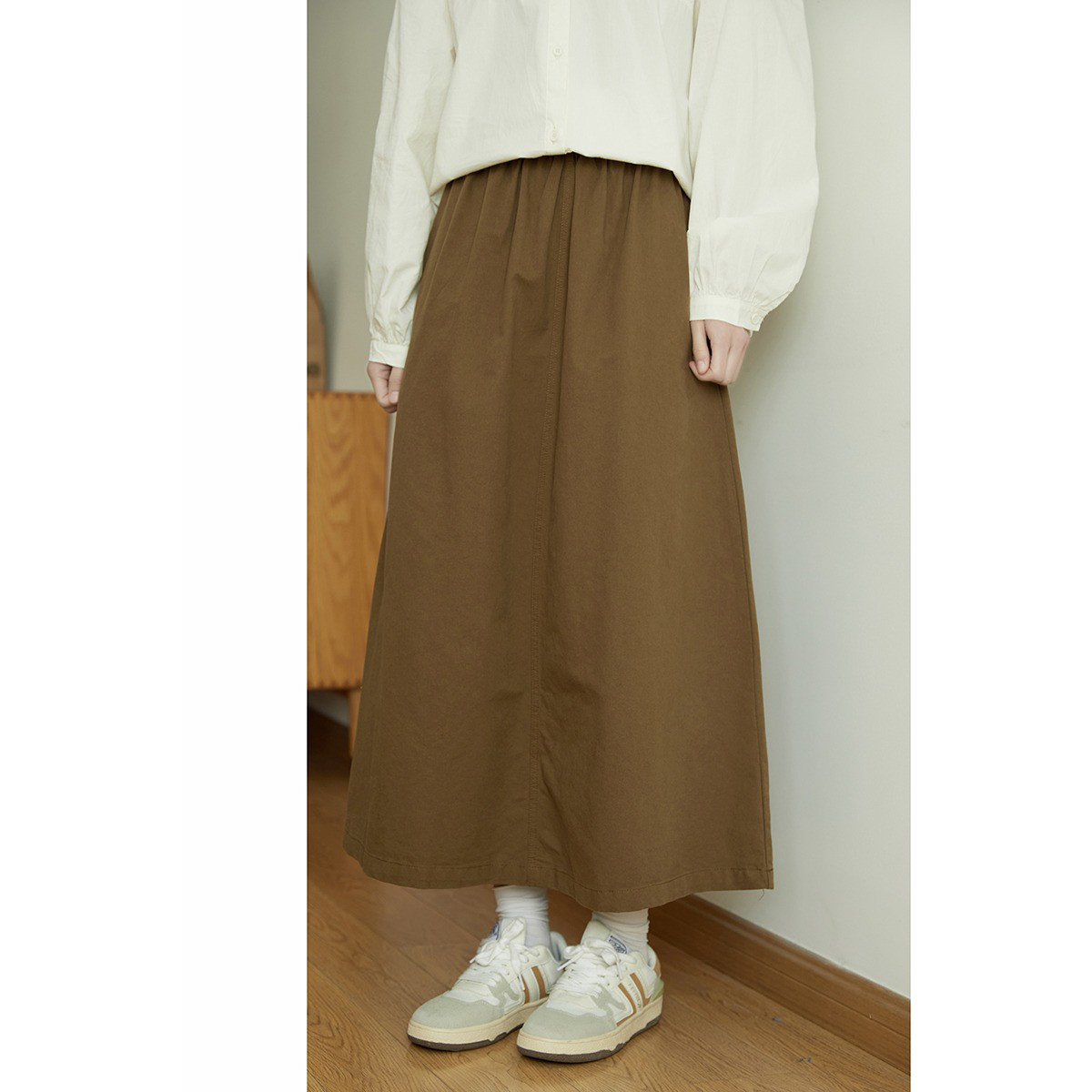 レディース綿素材スカート ウエストゴム ストレートシルエット