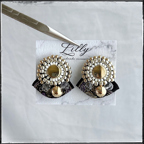 ビーズ刺繍ピアス/ゴールド/インド刺繍リボン/個性的/カジュアル/ビーズピアス イヤリング 4枚目の画像