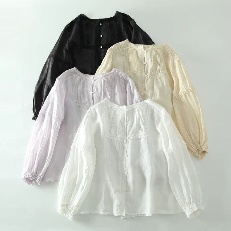 長袖ブラウス ギャザーフリル 100%リネン 大人可愛い レース 春夏秋