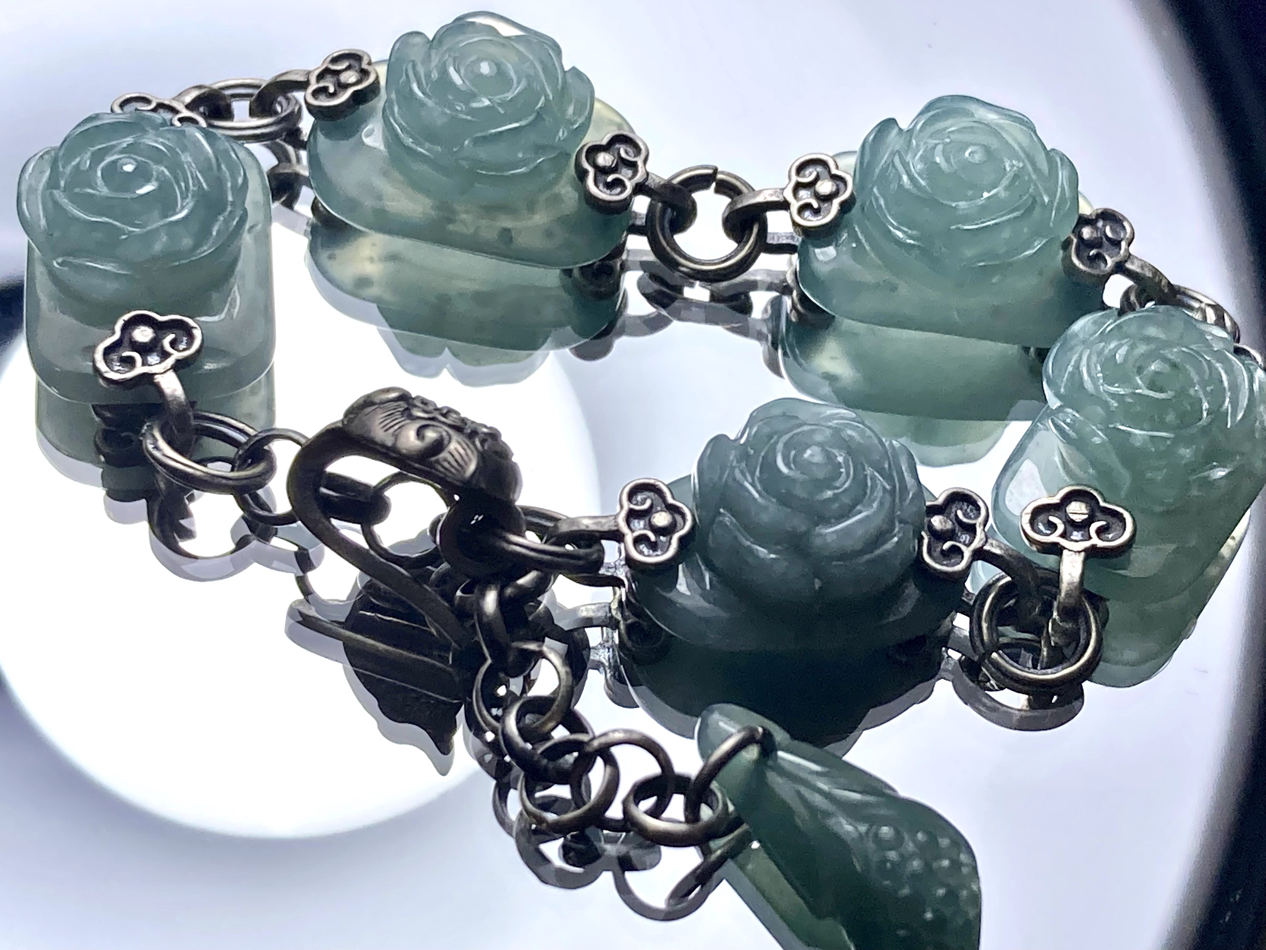 BR7-40 一点物 バラ 薔薇 グアテマラ産 本翡翠 シルバー ブレスレット