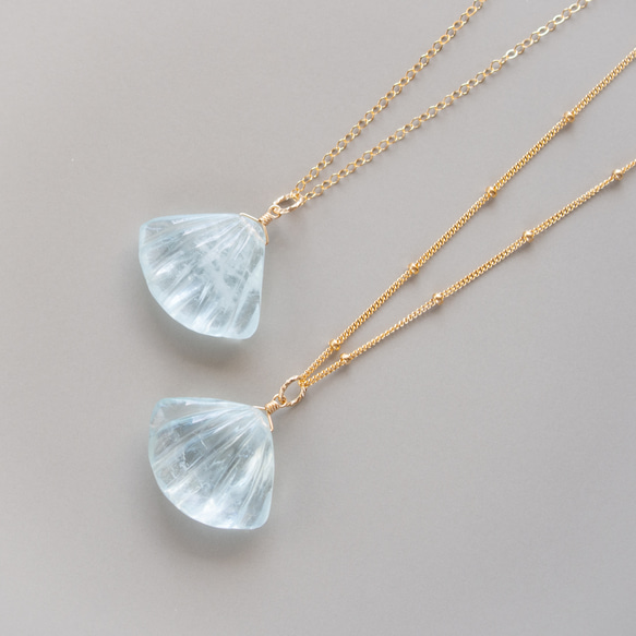 大粒アクアマリン（シェルカービング）のネックレス（14KGF） 4枚目の画像