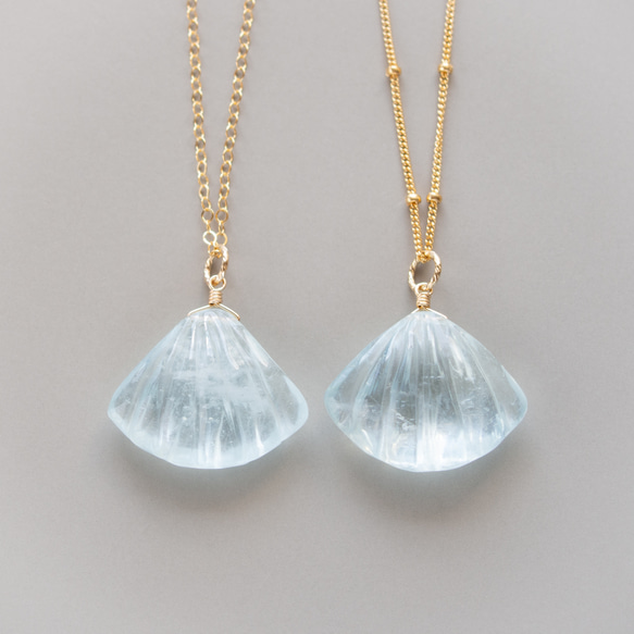 大粒アクアマリン（シェルカービング）のネックレス（14KGF） 5枚目の画像