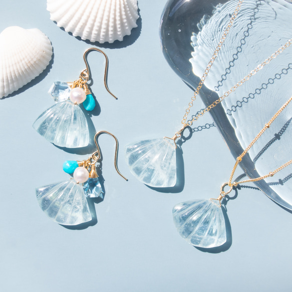 大粒アクアマリン（シェルカービング）のネックレス（14KGF） 6枚目の画像