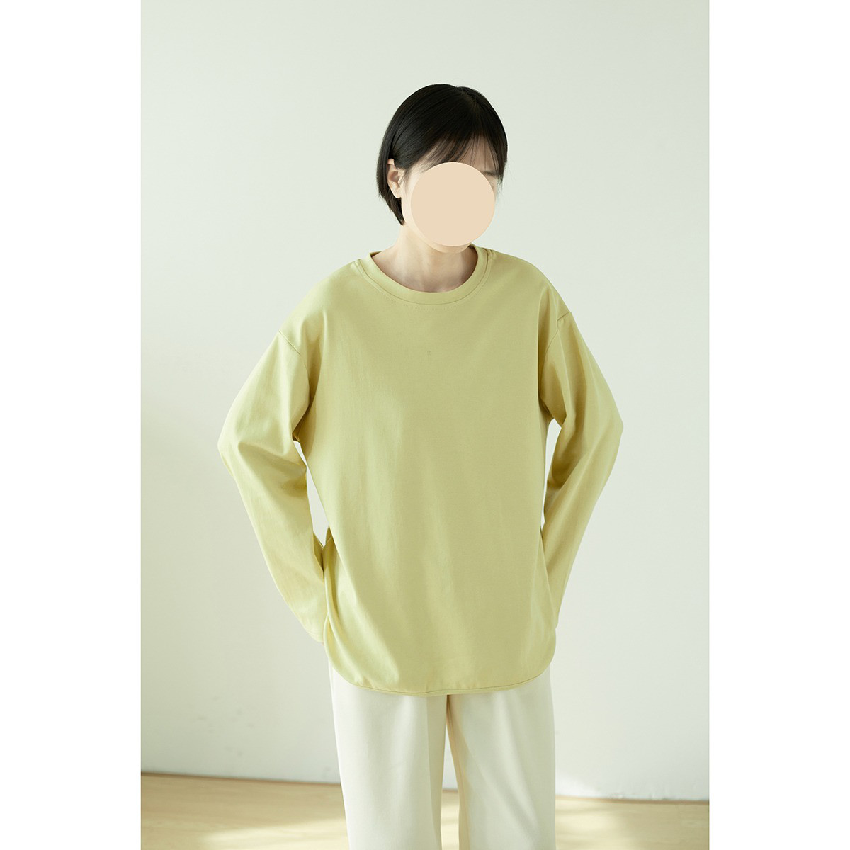 レディース綿素材Tシャツ クルーネック 長袖 ゆったりシルエット