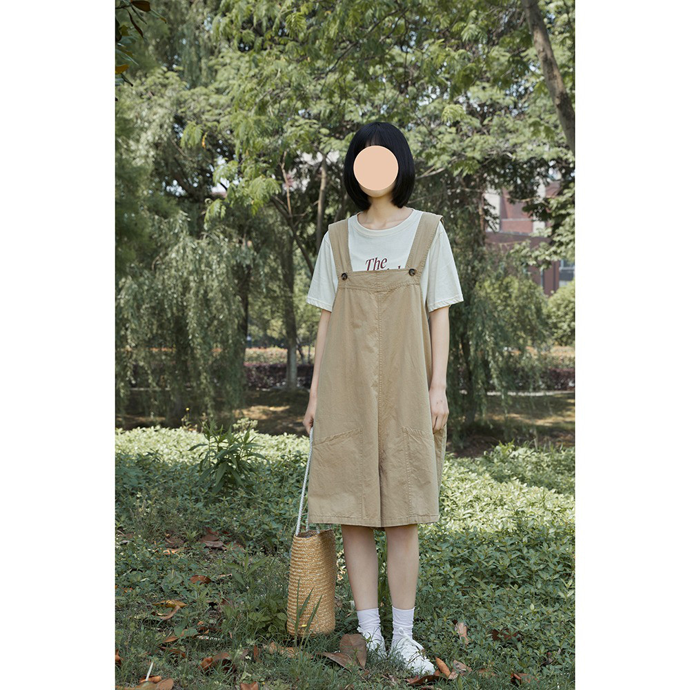 レディース綿素材ショートオール サロペット Aラインシルエット