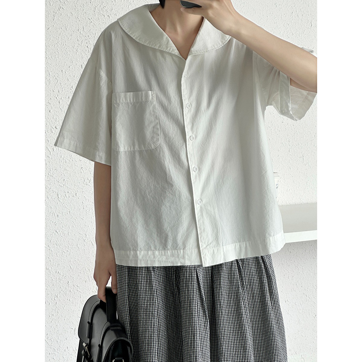 レディース綿素材シャツ 開襟 半袖 無地