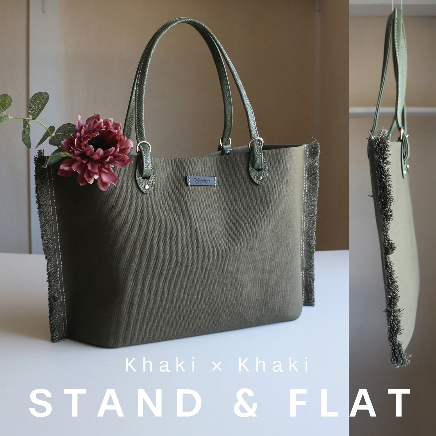 （数量限定&受注生産 ・カーキ）軽やかに持てる、こだわりフリンジトート｜本革ハンドル 収納上手&軽量【A4対応】