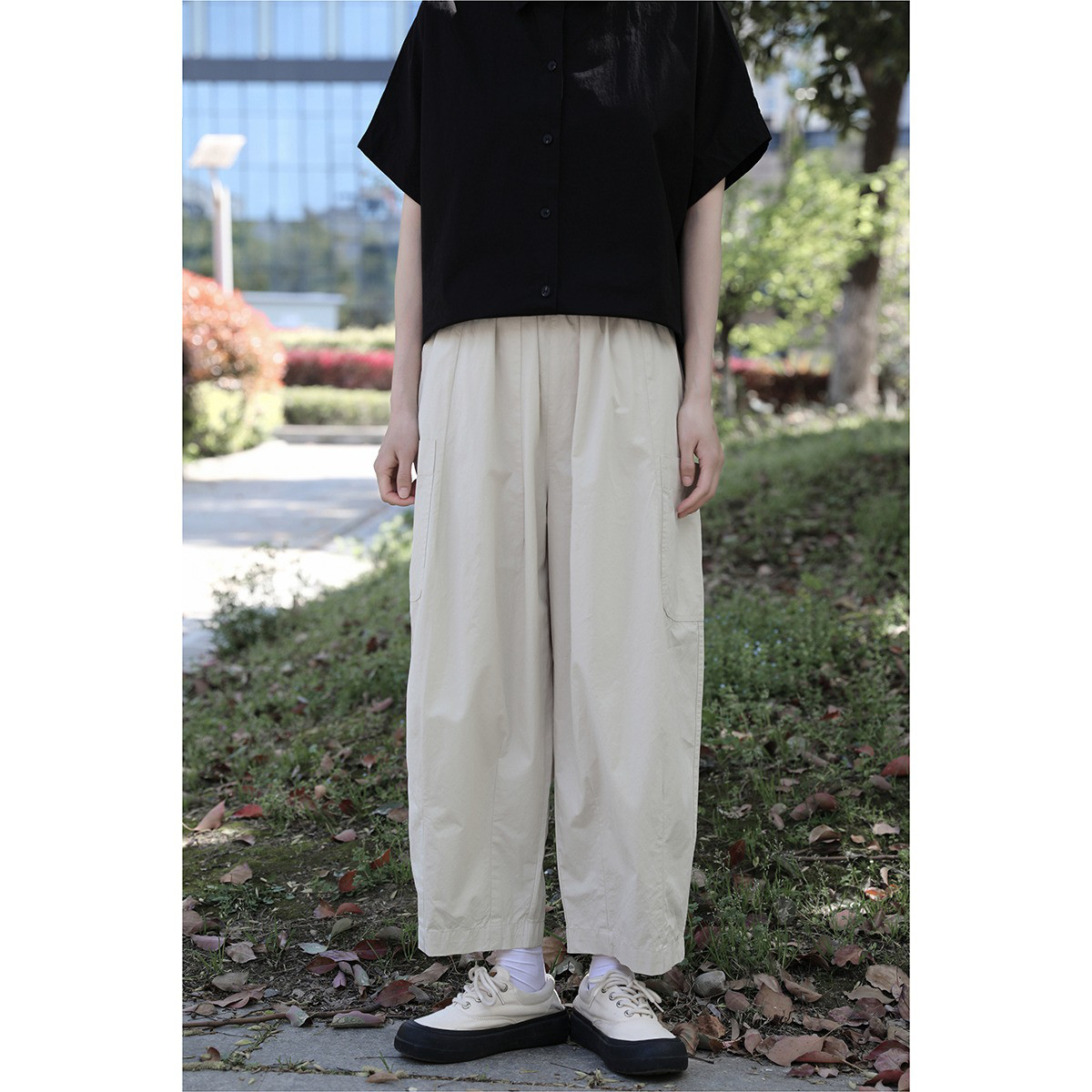 レディース綿素材パンツ ストレート 九分丈