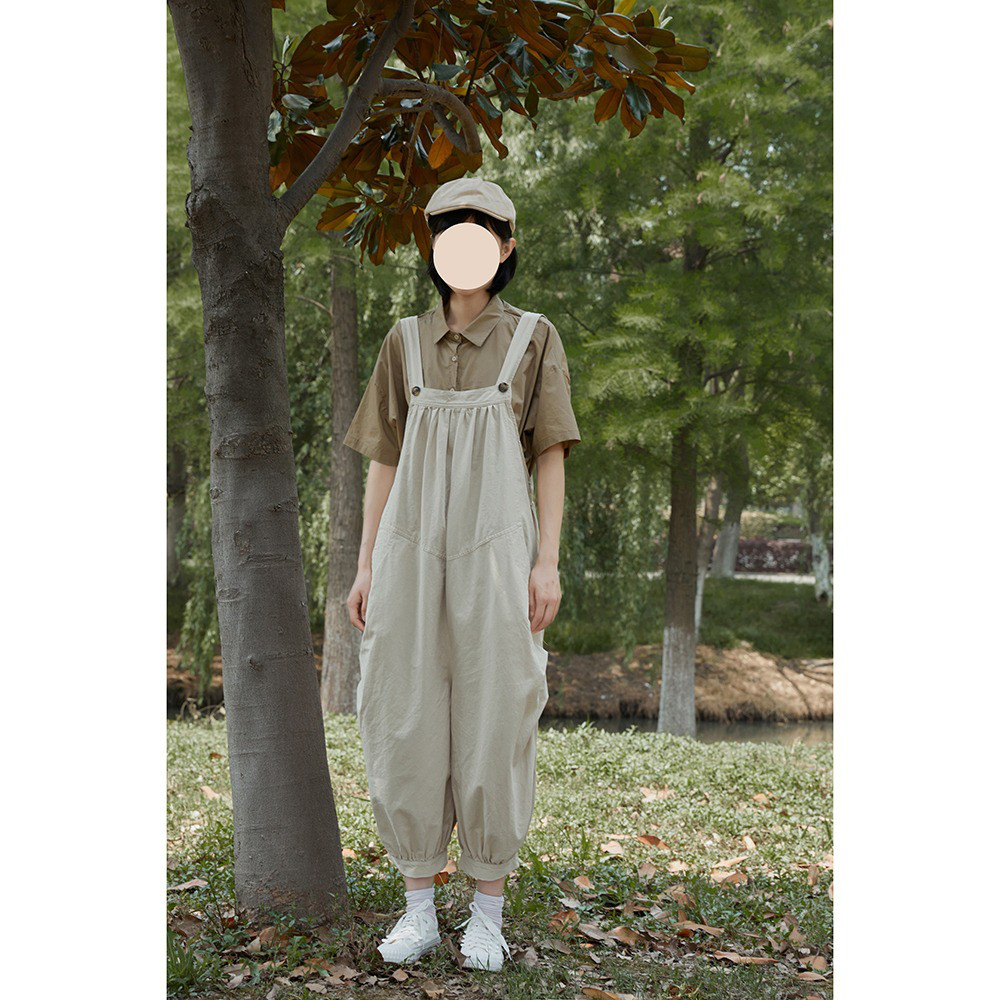 レディース綿素材サロペット ゆったり ドロップクロッチ 裾ゴム仕様 九分丈