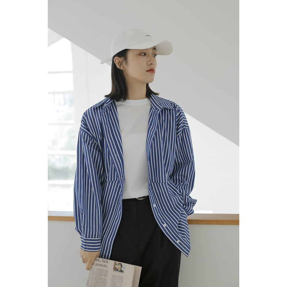 レディース綿素材シャツ 開襟 長袖 ストライプ柄 カッティングデザイン