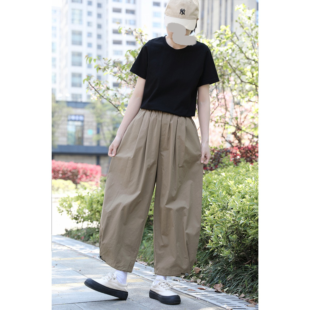 レディース綿素材パンツ ワイドパンツ 裾ゴム仕様