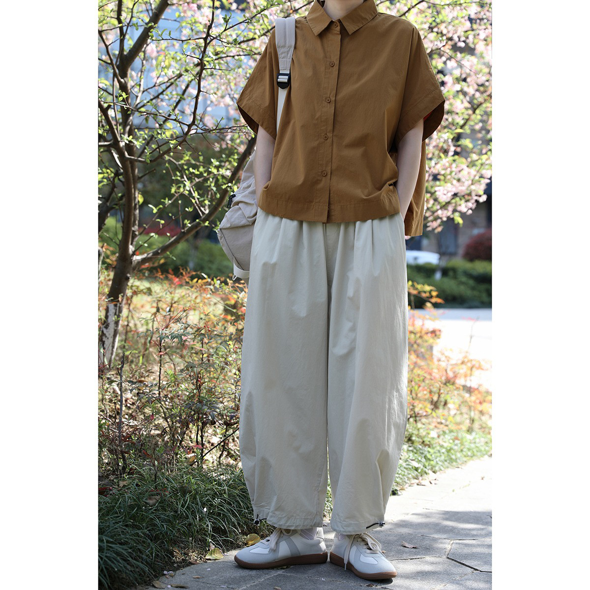 レディース綿素材パンツ ワイドパンツ 裾ゴム仕様