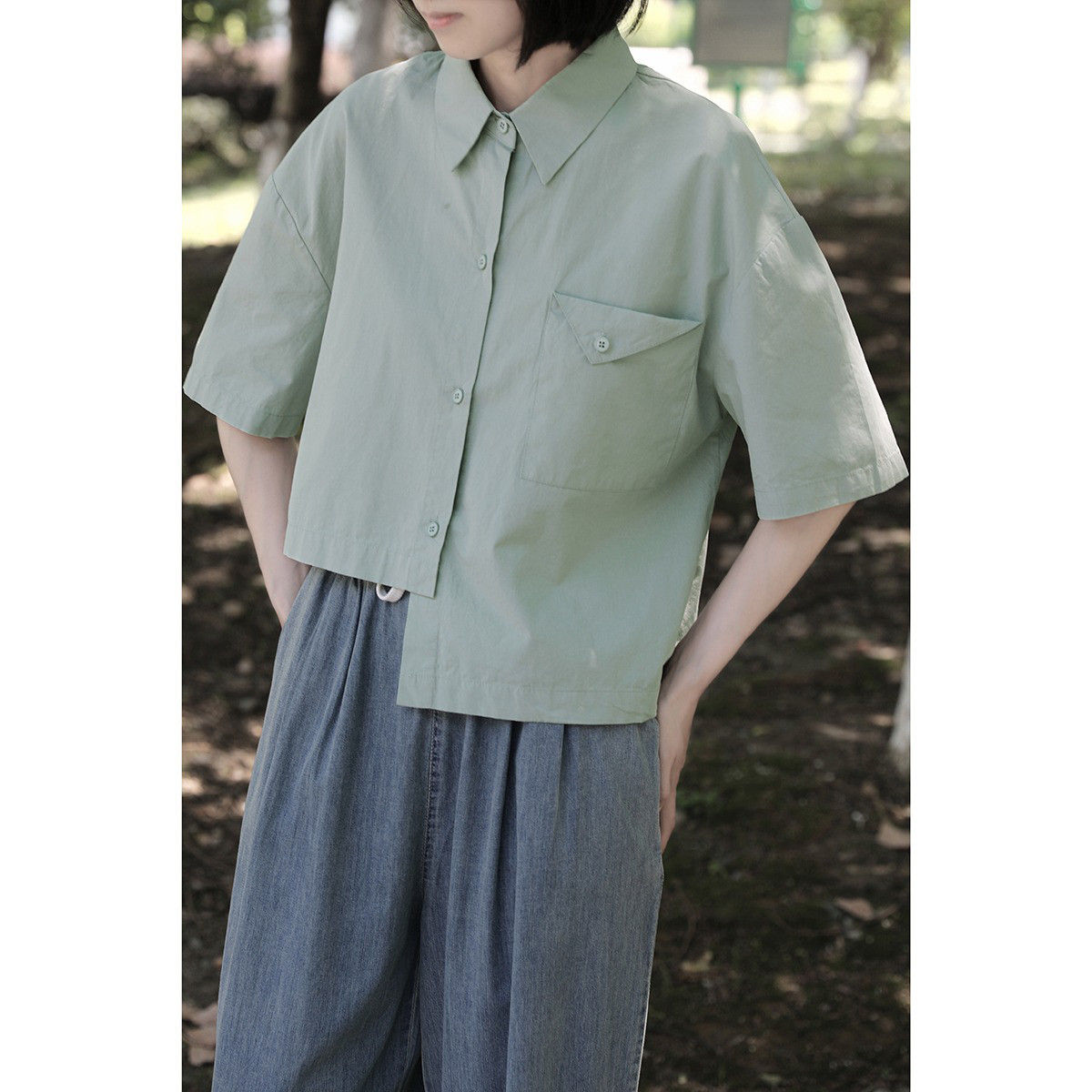 レディース綿素材シャツ 開襟 半袖 アシンメトリー切り替えデザイン