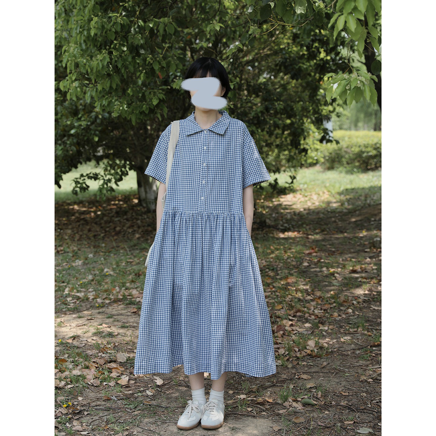 レディース綿素材ワンピース 開襟 半袖 チェック柄