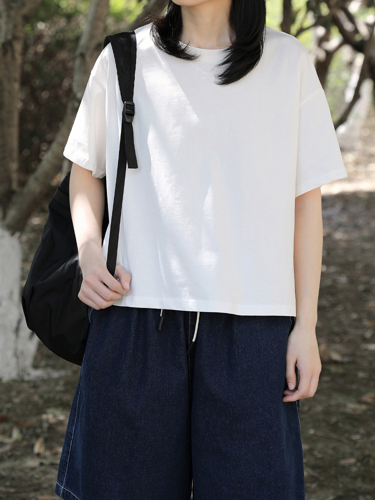 レディース綿素材Tシャツ クルーネック 半袖 ゆったりシルエット