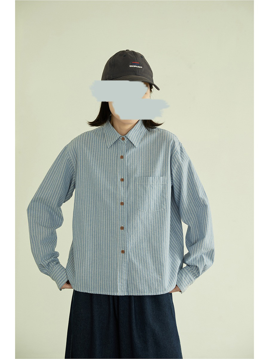 レディース綿素材シャツ 開襟 長袖 ストライプ柄 カッティングデザイン