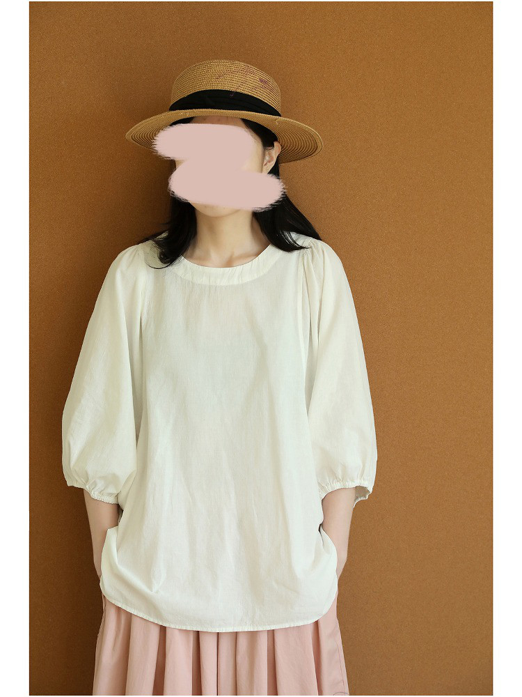 レディース綿素材シャツ クルーネック 五分袖 ゆったり