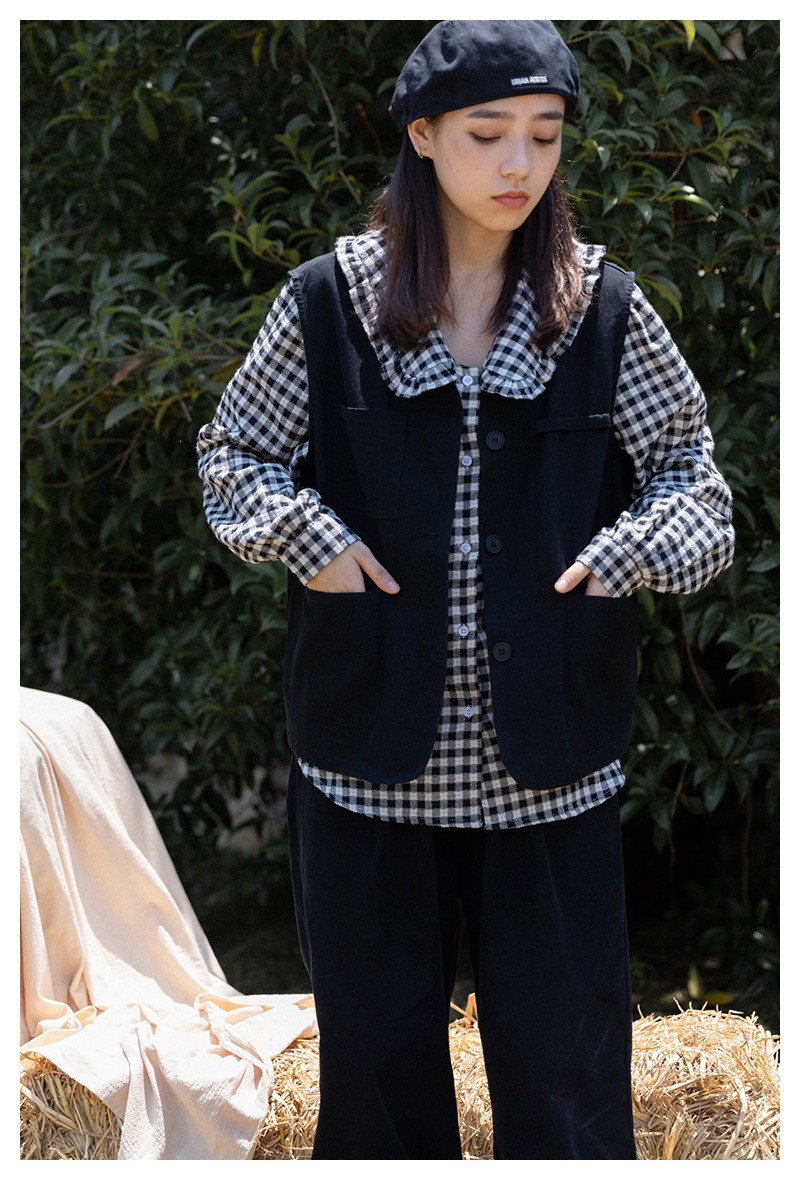 レディース綿素材ベスト ポケット付き ワークデザイン