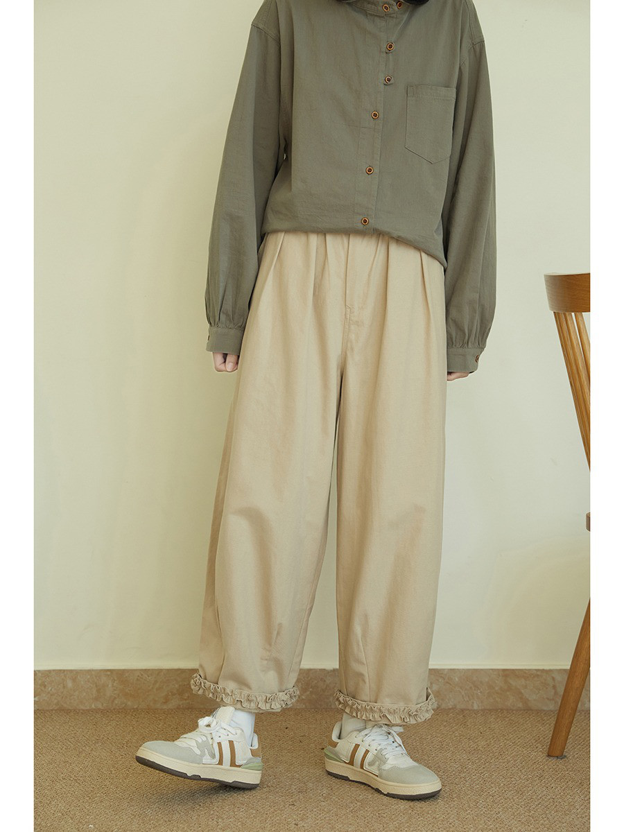 レディース綿素材パンツ ウエストゴム ワイド ロールアップ仕様