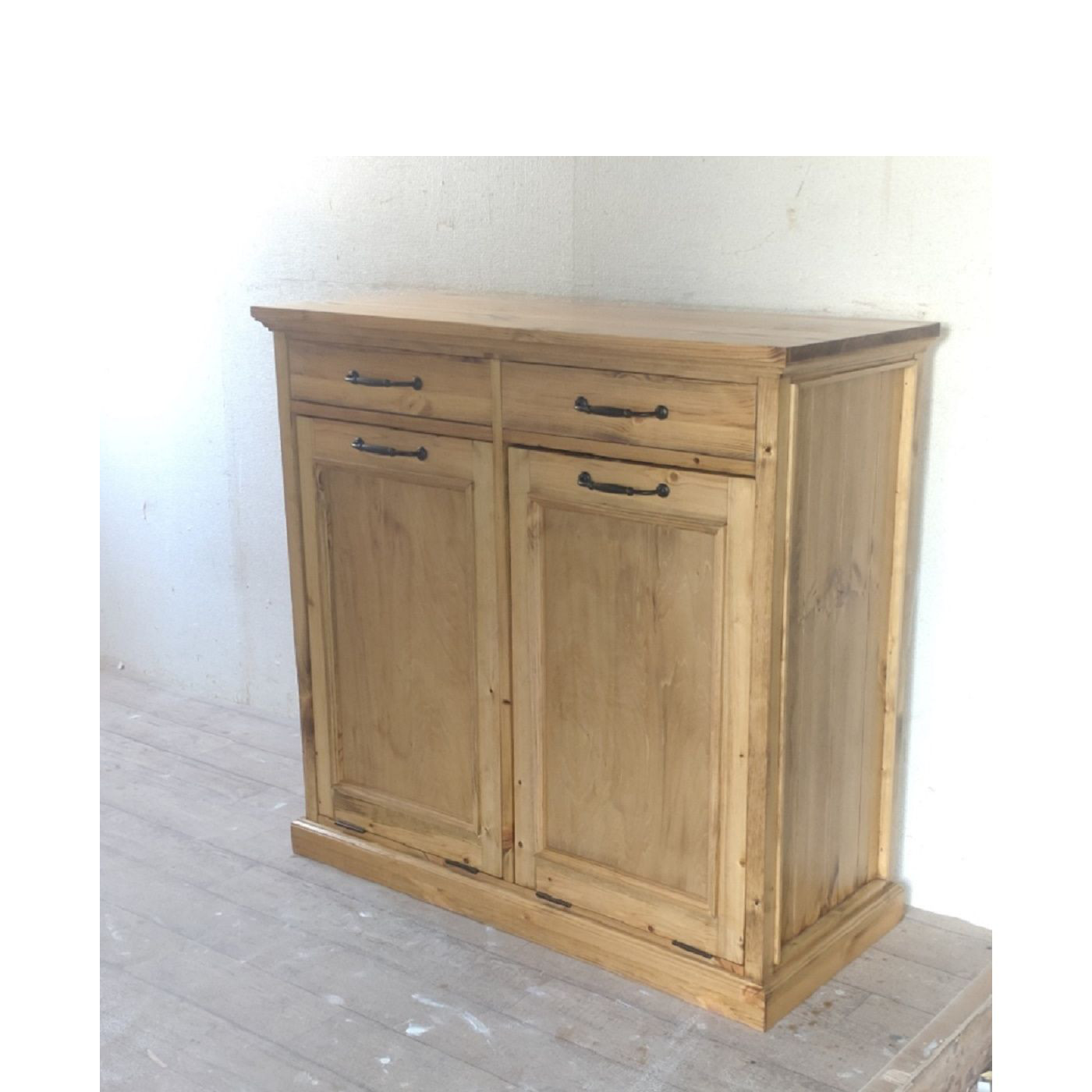 引き出し付分別用ダストボックス 横並びタイプ　 ライトオーク　取っ手が選べる