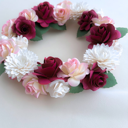 ピンクローズと白ダリアのリース ペーパーフラワーアート リース
