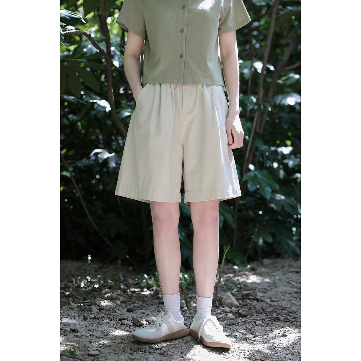 レディース綿素材パンツ ハイウエスト ミディ丈