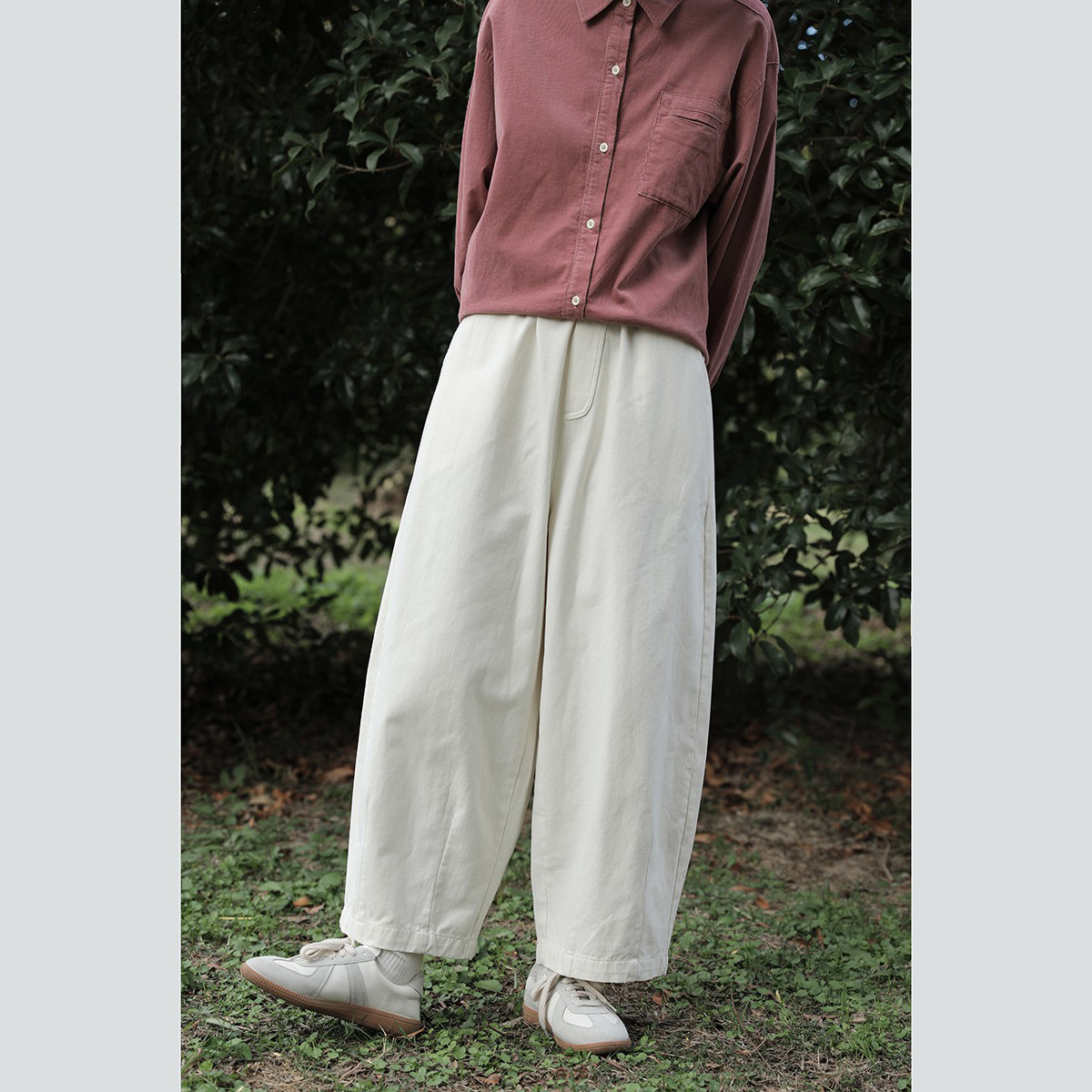 レディース綿素材パンツ ハイウエスト 九分丈 ストレート