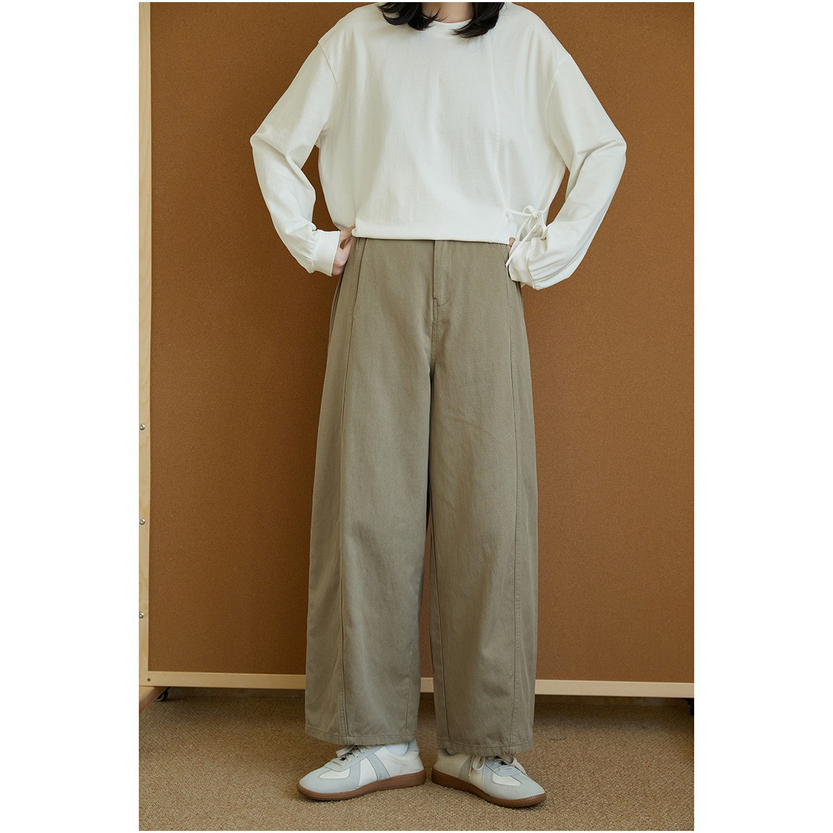 レディース綿素材パンツ ゆったり ストレート 九分丈