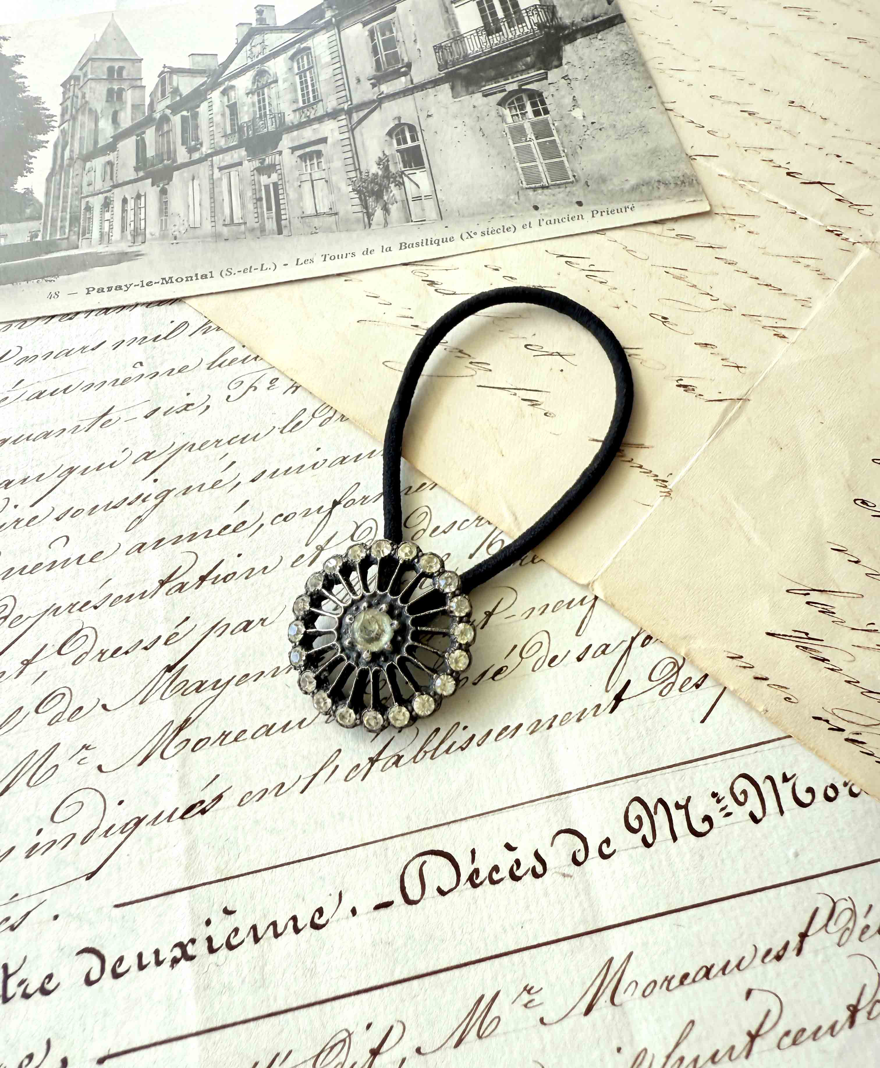 フランスアンティークボタンヘアゴム／ペーストガラスボタン