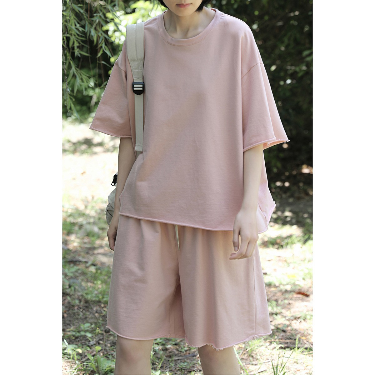 レディース綿素材セットアップ クルーネック 半袖 ゆったり ミディパンツ付き