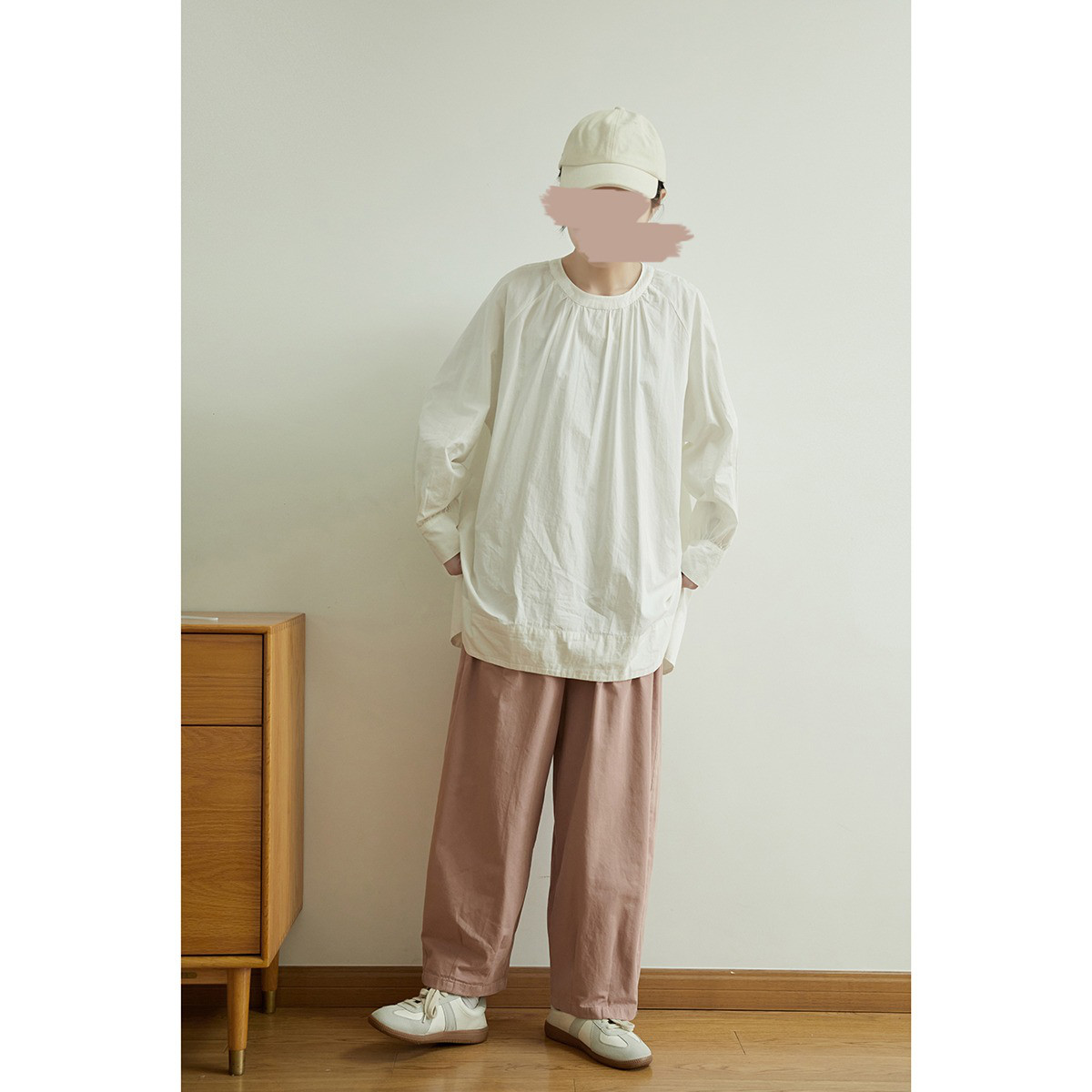 レディース綿素材シャツ クルーネック 長袖 ゆったり