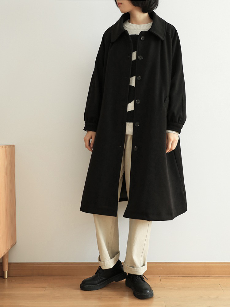 レディースウール調コート 開襟 ミディ丈 中綿入り