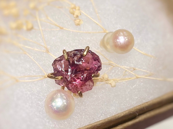 【K14gf】ロードライトガーネット×あこや真珠、あこや真珠のピアス 両耳セット 1枚目の画像