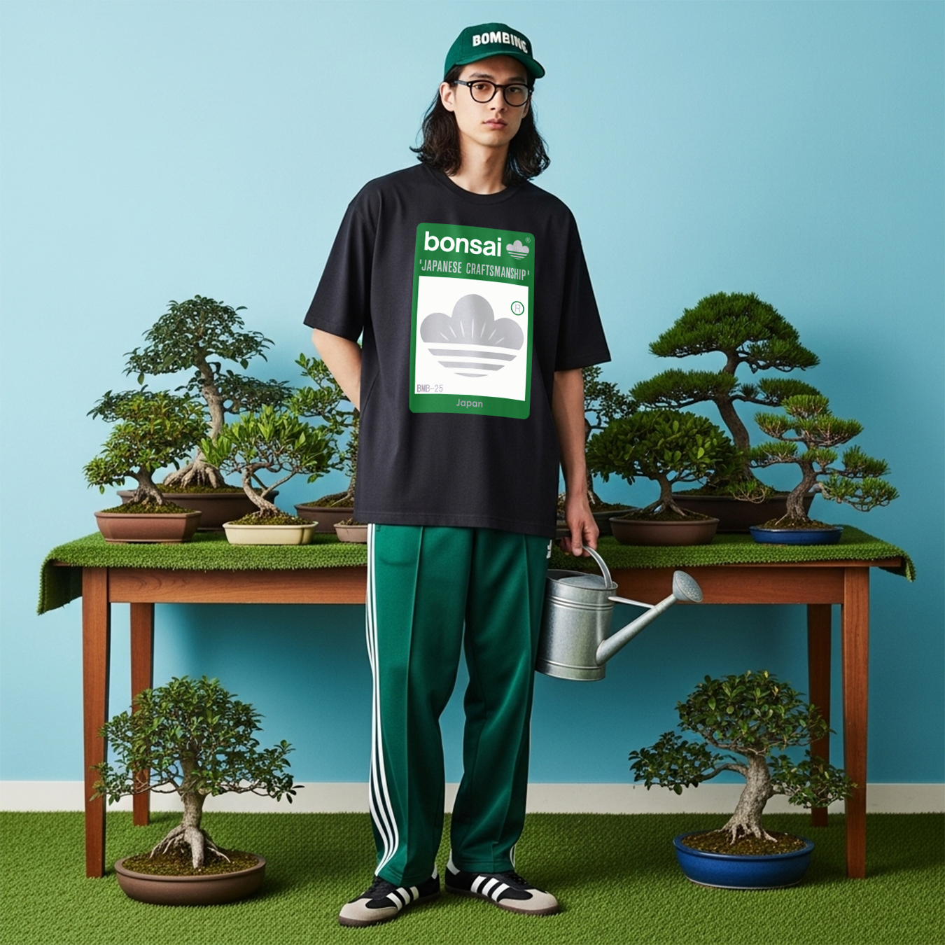 盆栽 和モダン ロゴTシャツ｜ストリート家紋風・グリーン×ホワイトグレー　ヘビーオンス・ホワイトボディ（インクジェット）