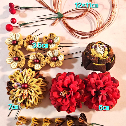 つまみ細工 髪飾り 成人式 七五三 卒業式 赤、ブラウン系 かんざし 華