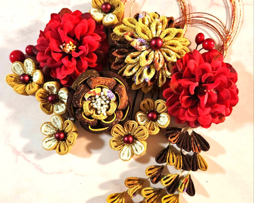 つまみ細工 髪飾り 成人式 七五三 卒業式 赤、ブラウン系 かんざし 華