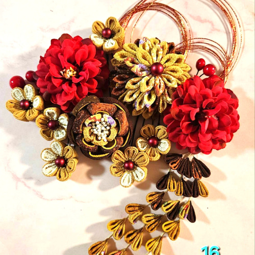 つまみ細工 髪飾り 成人式 七五三 卒業式 赤、ブラウン系 かんざし 華