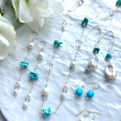 14KGF 淡水パール スリーピングビューティーターコイズ チェーンピアス 7枚目の画像