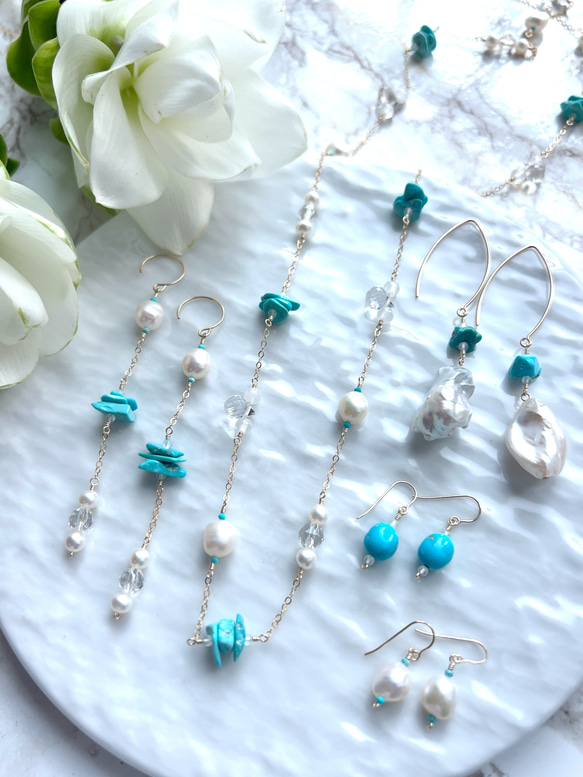 14KGF 淡水パール スリーピングビューティーターコイズ チェーンピアス 7枚目の画像