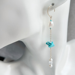 14KGF 淡水パール スリーピングビューティーターコイズ チェーンピアス 4枚目の画像