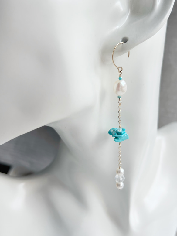 14KGF 淡水パール スリーピングビューティーターコイズ チェーンピアス 4枚目の画像