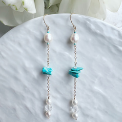 14KGF 淡水パール スリーピングビューティーターコイズ チェーンピアス 2枚目の画像