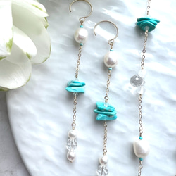 14KGF 淡水パール スリーピングビューティーターコイズ チェーンピアス 6枚目の画像